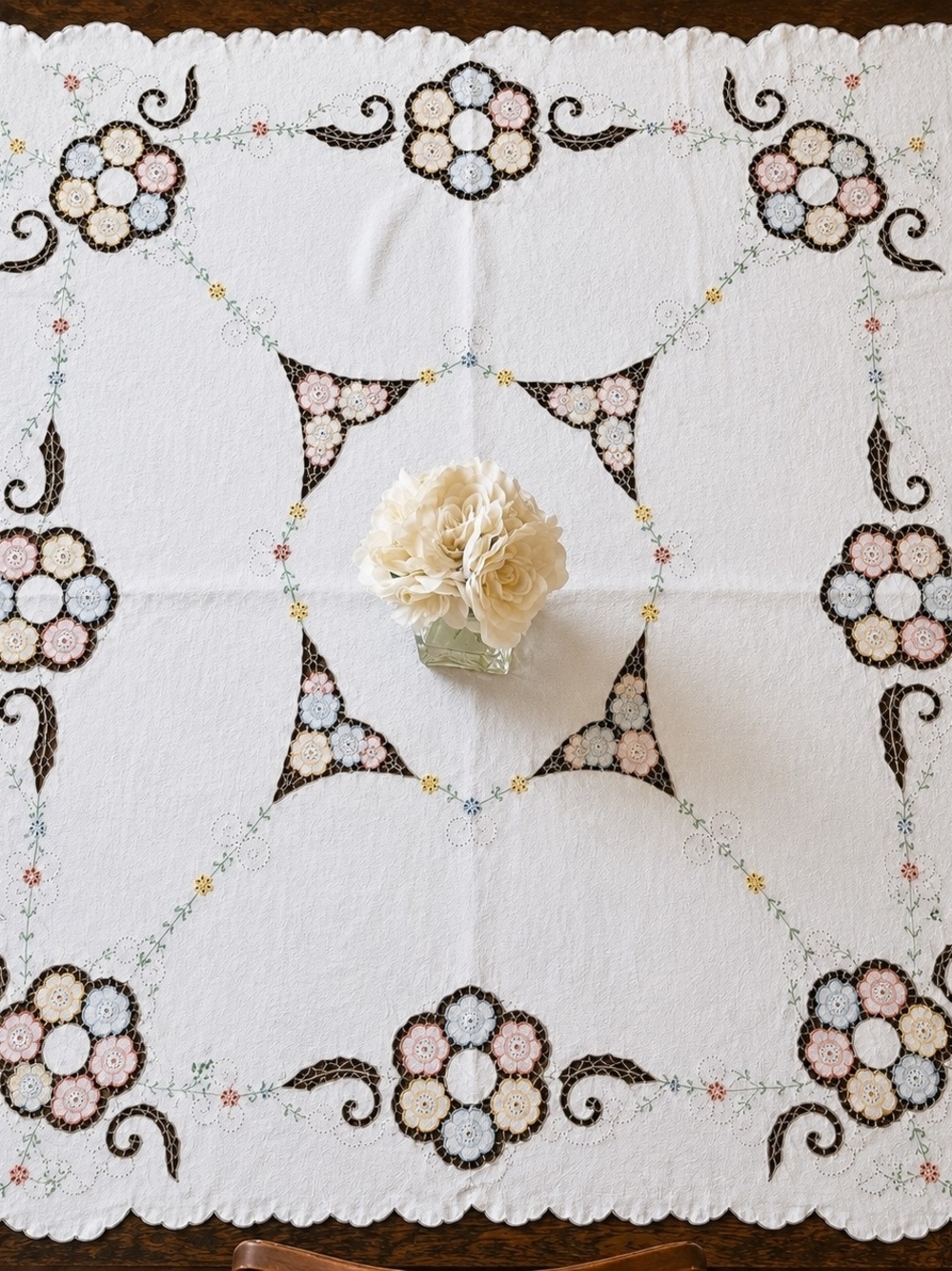 Vintage Embroidered Handcut Floral Tablecloth 45x47 Cottagecore